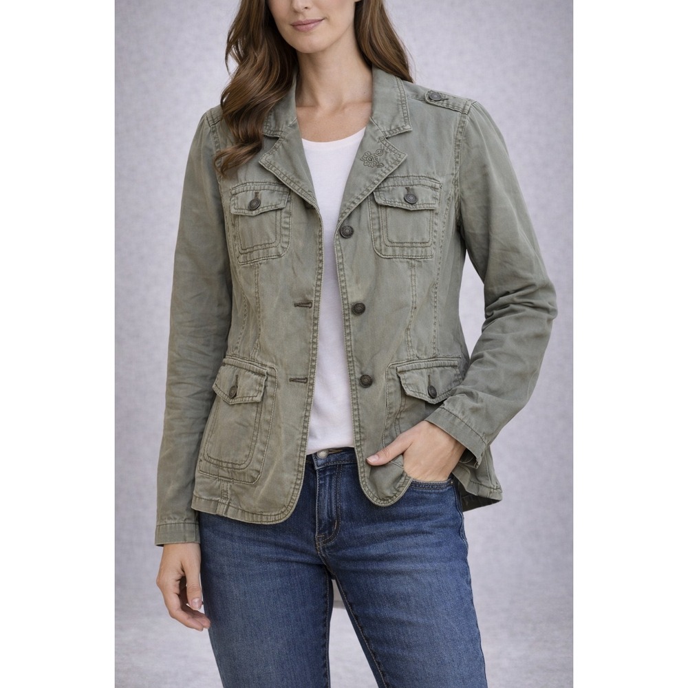 Esqualo Womens Olive Green Utility Military Blazer Jacket Floral Embroidery 10